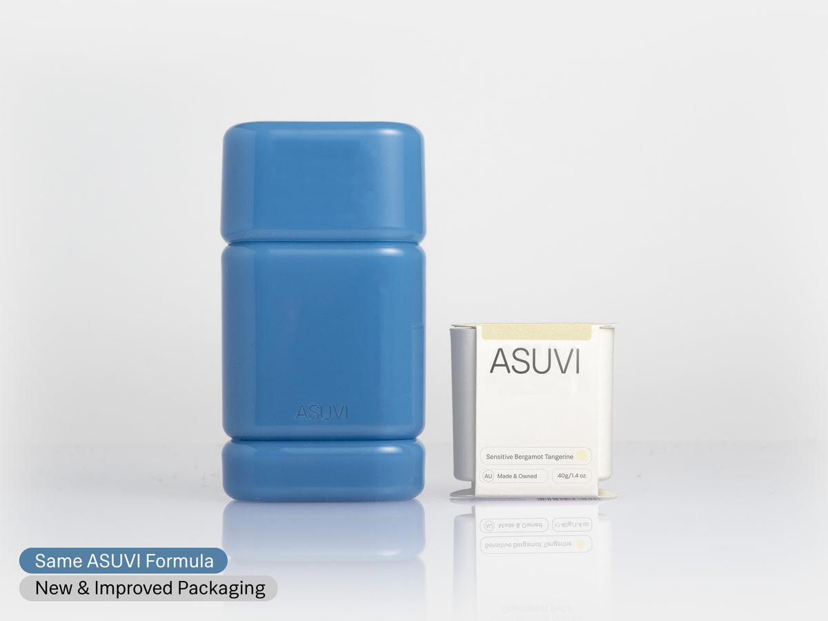 A blue cylindrical ASUVI deodorant case stands next to its white and yellow ASUVI compostable refill on a clean white background with a soft reflection below. A blue text banner in the bottom-left corner reads 'Same ASUVI Formula New & Improved Packaging'.