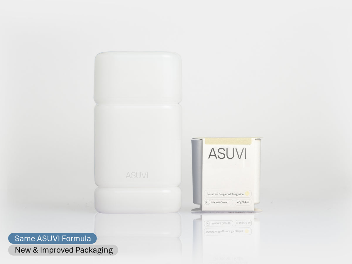 A white cylindrical deodorant case and its matching white and yellow compostable refill packaging from the brand ASUVI, displayed on a clean white reflective surface with a text overlay at the bottom left that says 'Same ASUVI formula, new & Improved Packaging'