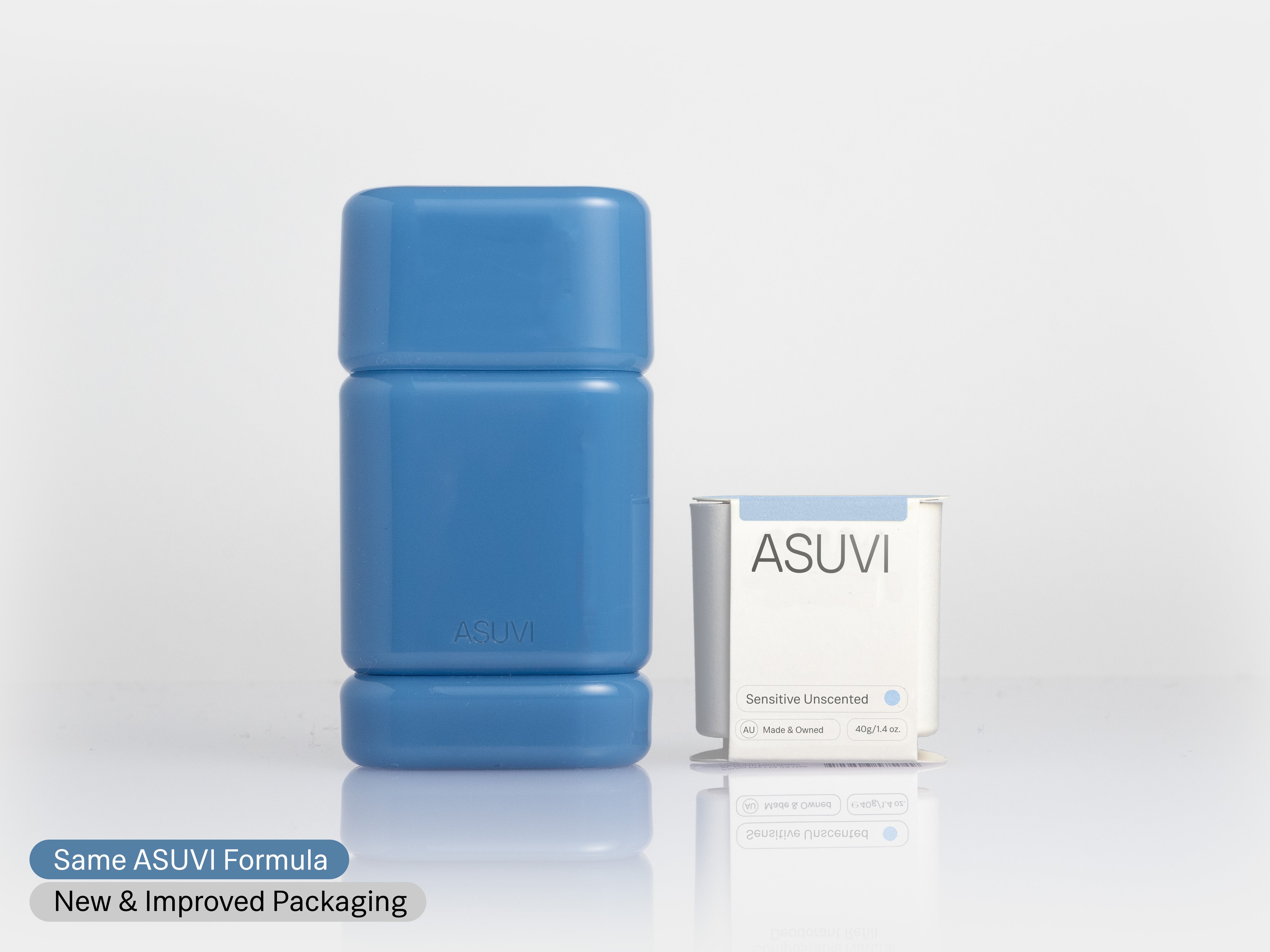 A blue cylindrical ASUVI container stands next to its white and blue compostable refill on a clean white background. A text banner at the bottom left reads 'Same ASUVI Formula New & Improved Packaging'.