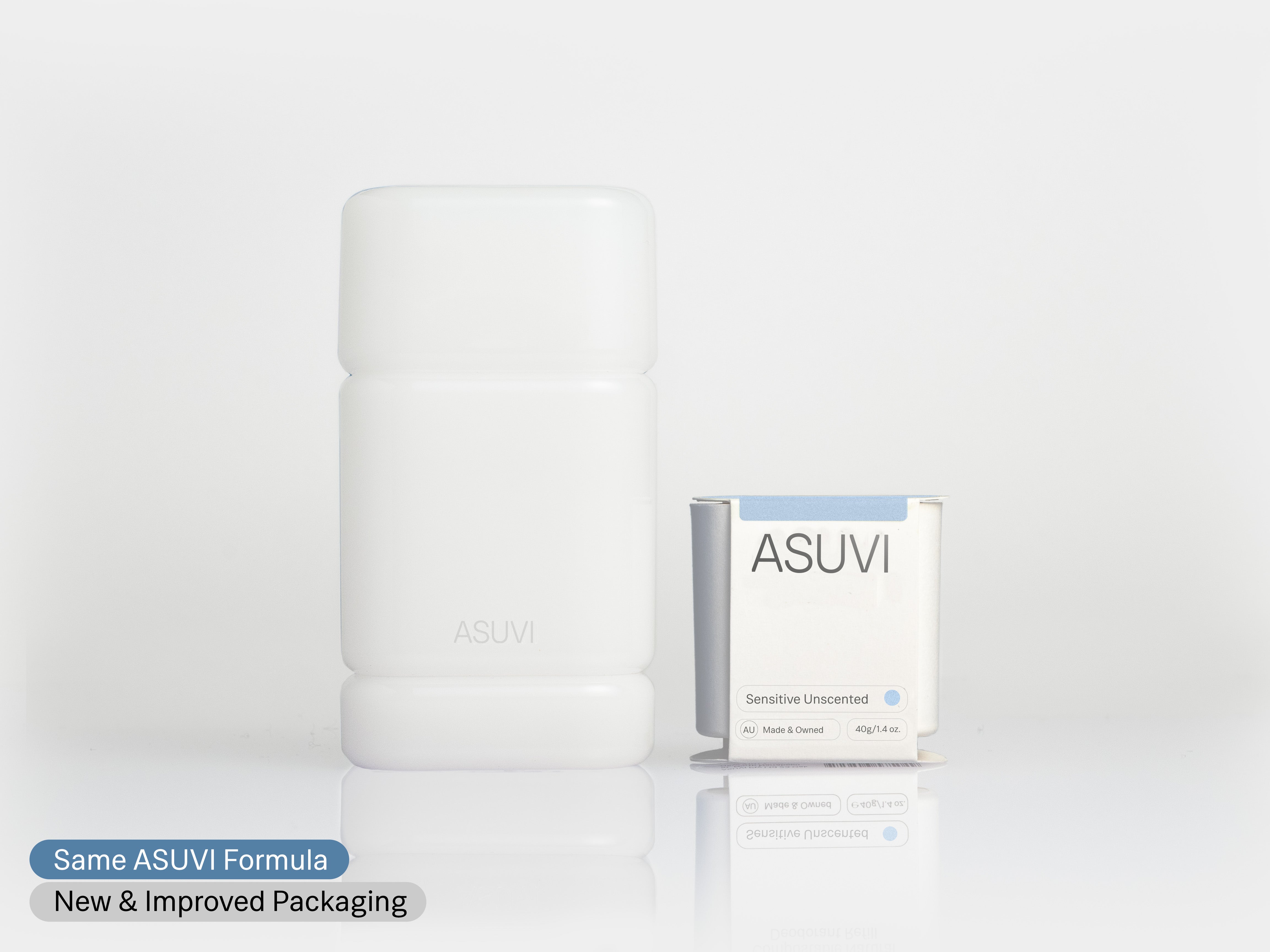 ASUVI sensitive formula packaging on a clean white background, featuring a white oval deodorant case and a smaller white and blue compostable refill with the ASUVI brand name.